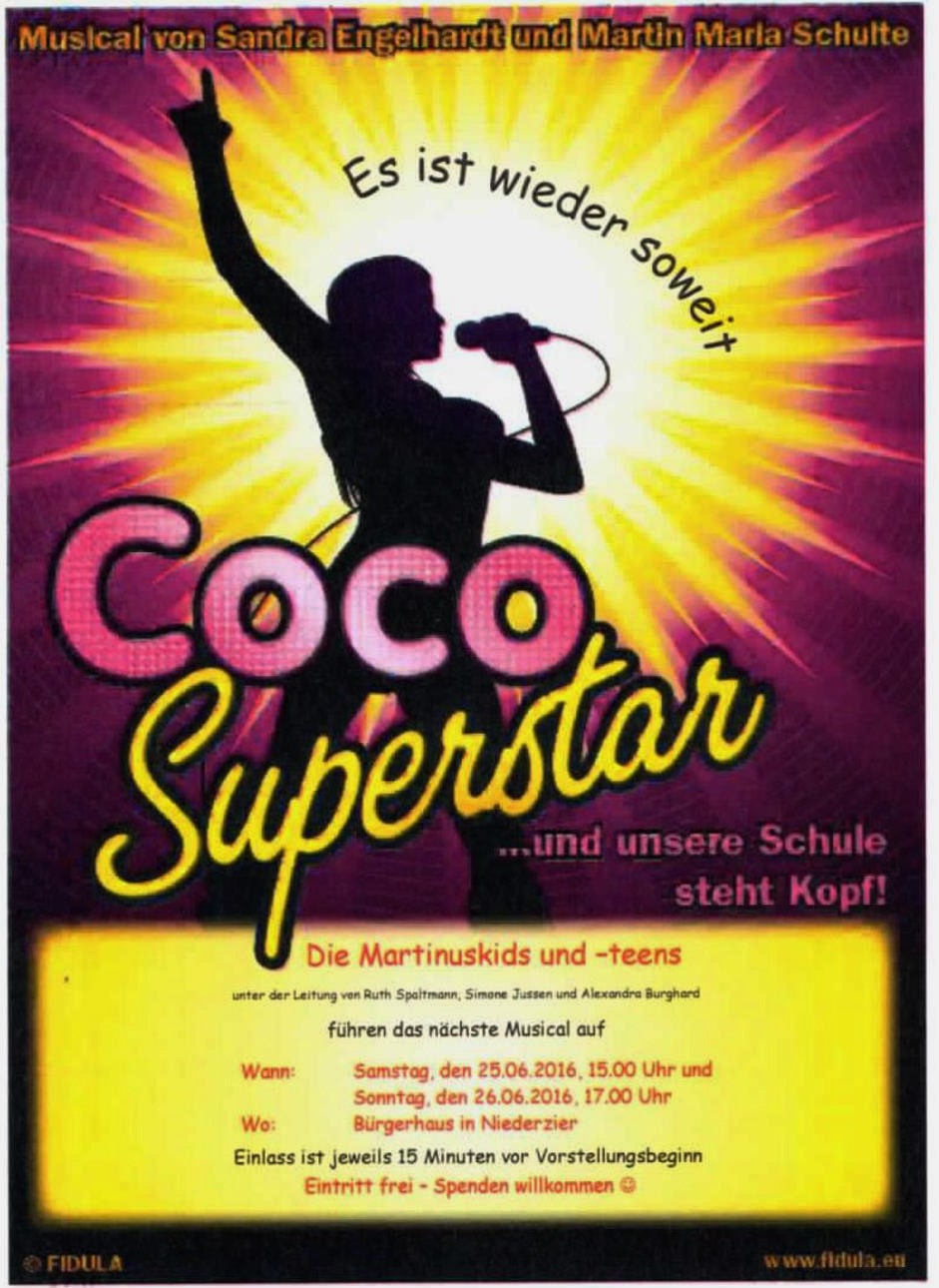 Musical  COCO SUPERSTAR … und unsere Schule steht Kopf! beginnt am Sonntag, 26. Juni bereits um 16.00 Uhr!